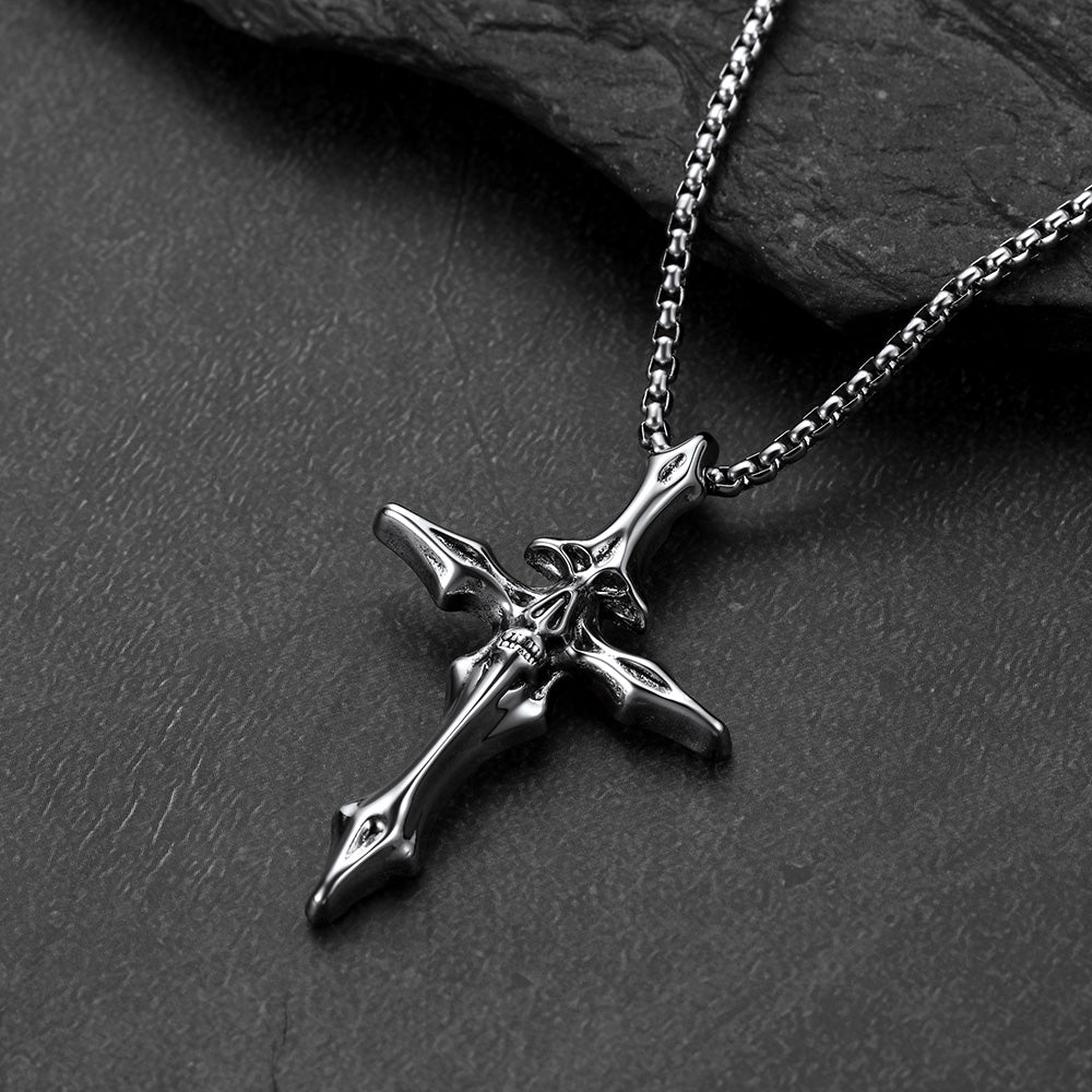 Gothic Skull Crucifix Cross Pendant Necklace for Men