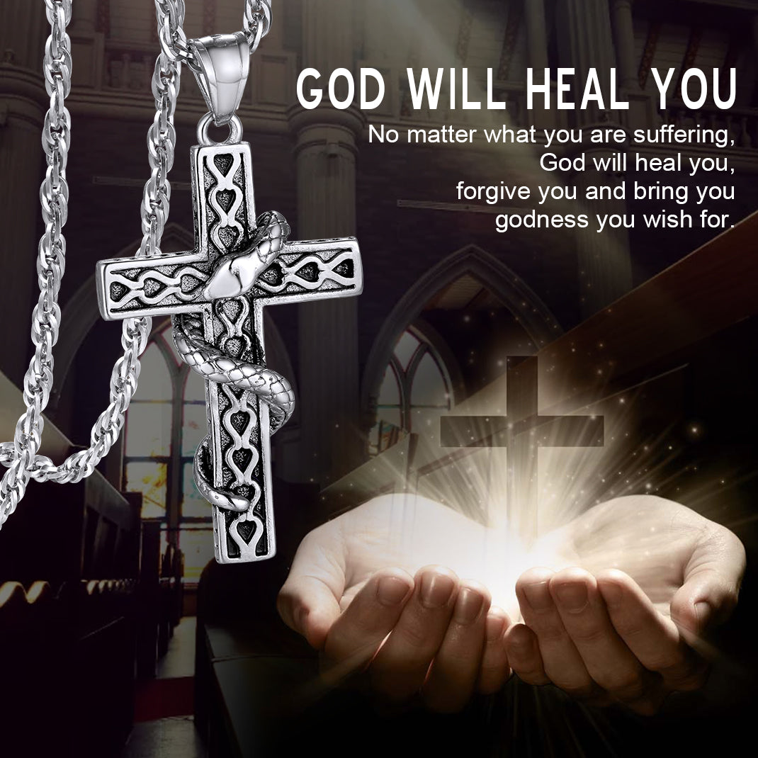 Gothic Snake Cross Necklace for Men in Stainless Steel