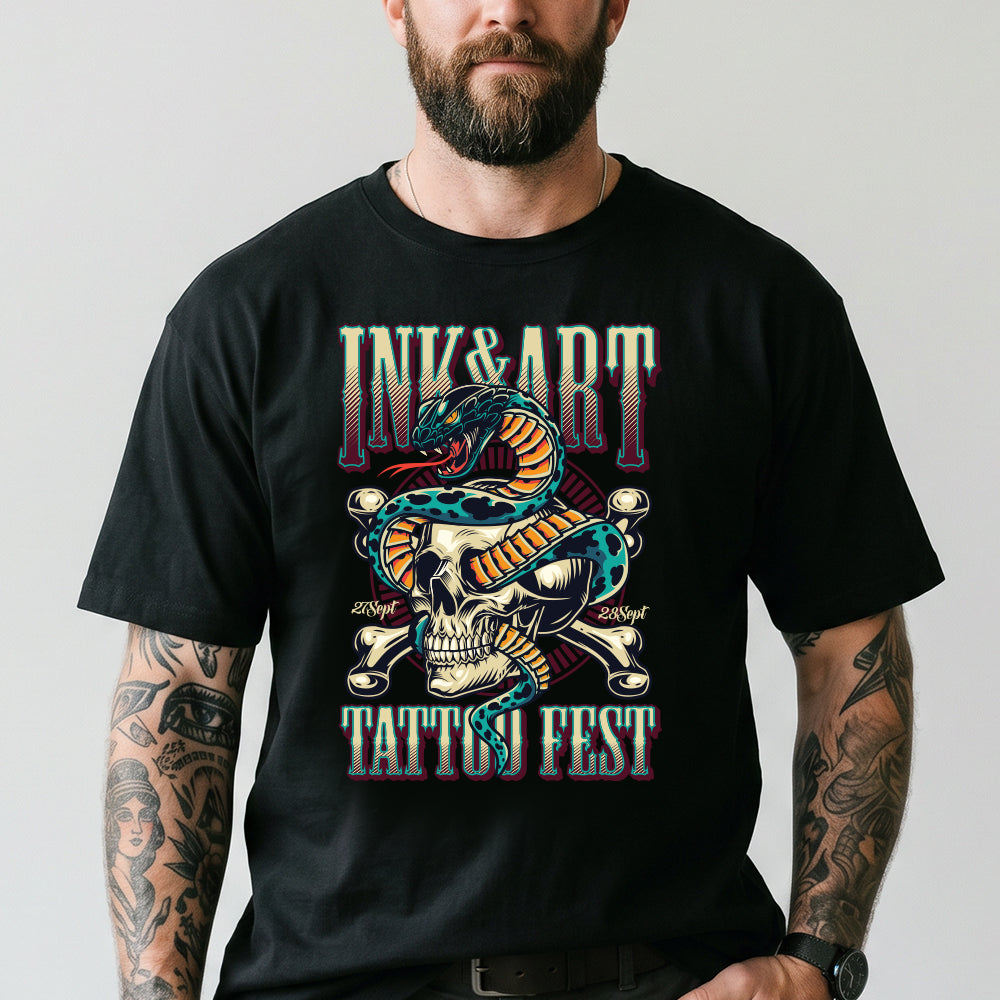 Gothic Snake Skull Tattoo Fest T-Shirt Berserker Tee for Men