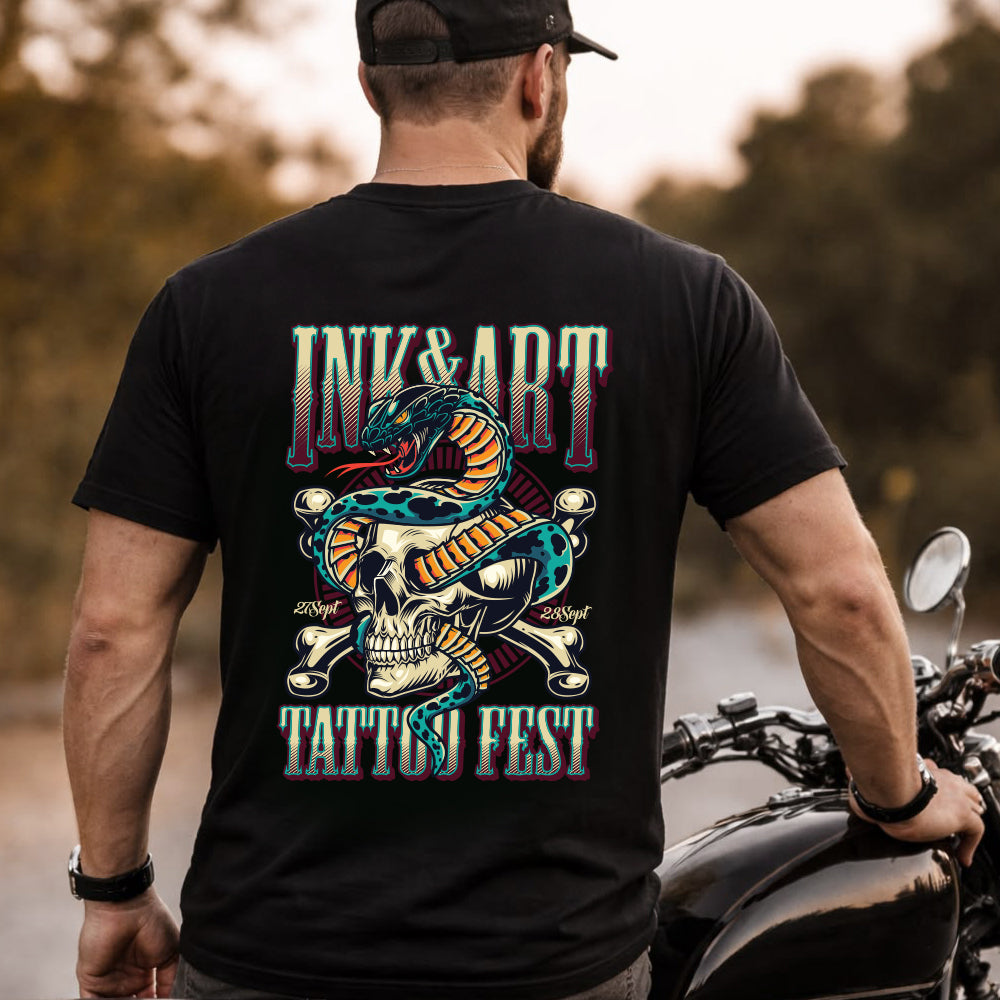 Gothic Snake Skull Tattoo Fest T-Shirt Berserker Tee for Men