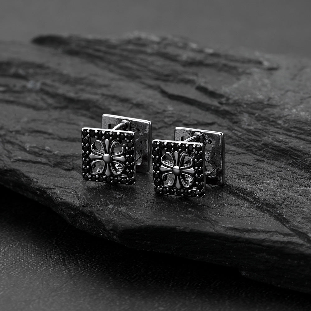 A pair of Square Earrings Punk Cross Studs with Black Zirconia for Men