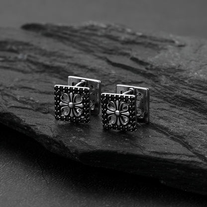 A pair of Square Earrings Punk Cross Studs with Black Zirconia for Men
