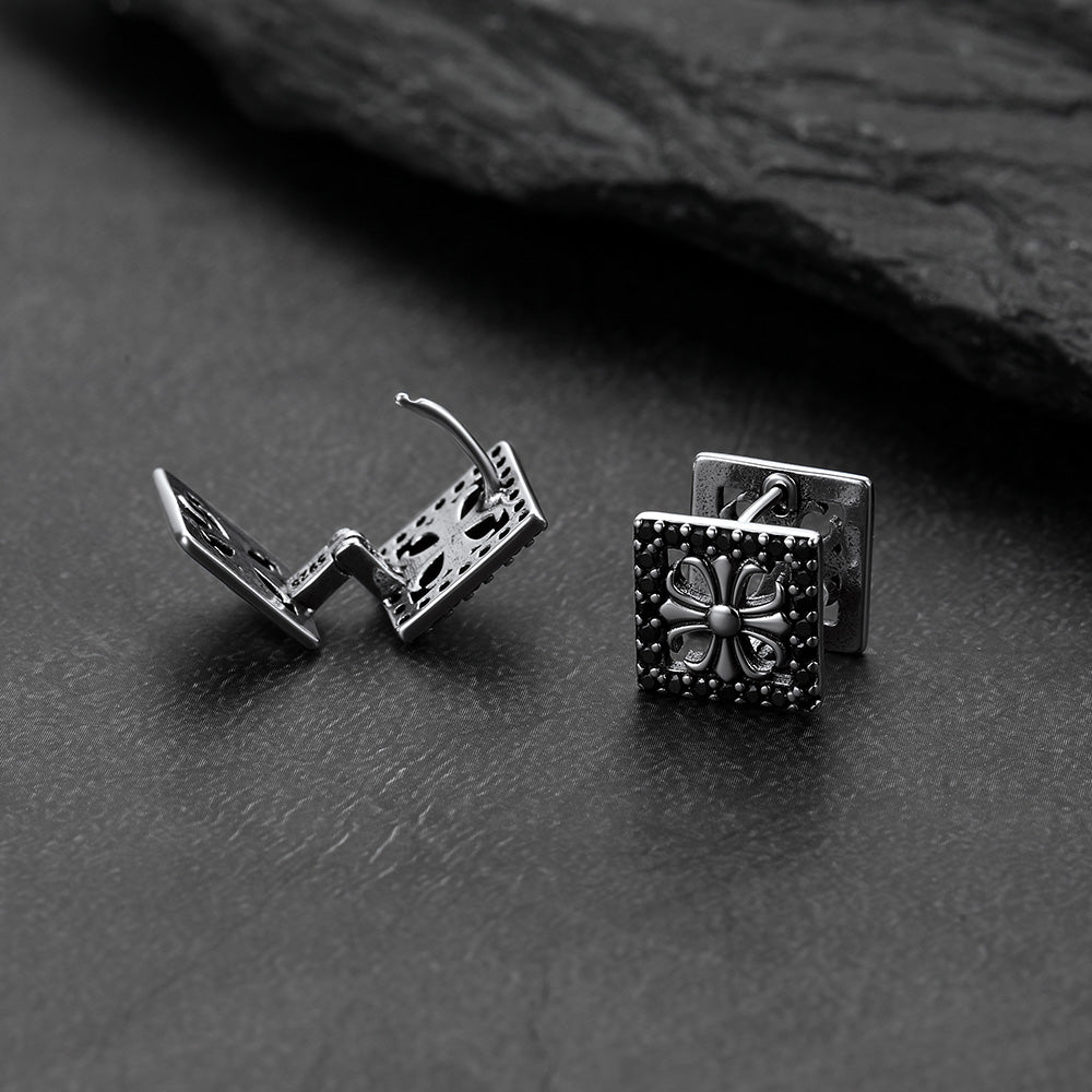Gothic Square Earrings Punk Cross Studs with Black Zirconia for Men