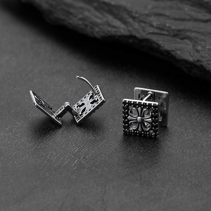 Gothic Square Earrings Punk Cross Studs with Black Zirconia for Men