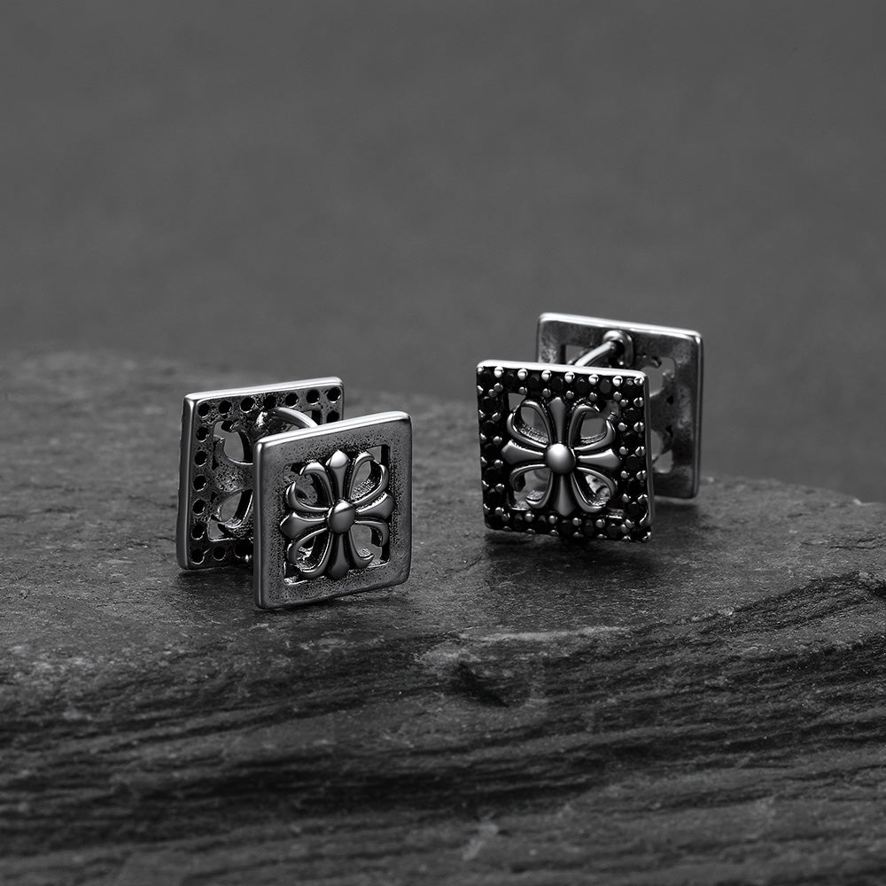 A pair of Square Earrings Punk Cross Studs with Black Zirconia 