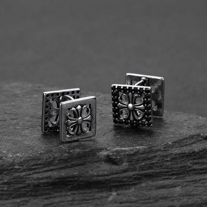 A pair of Square Earrings Punk Cross Studs with Black Zirconia 