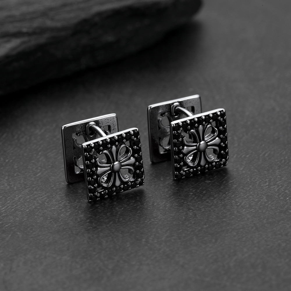 A pair of Square Earrings Punk Cross Studs with Black Zirconia for Men