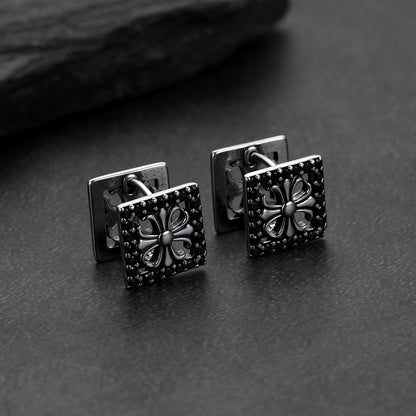 A pair of Square Earrings Punk Cross Studs with Black Zirconia for Men