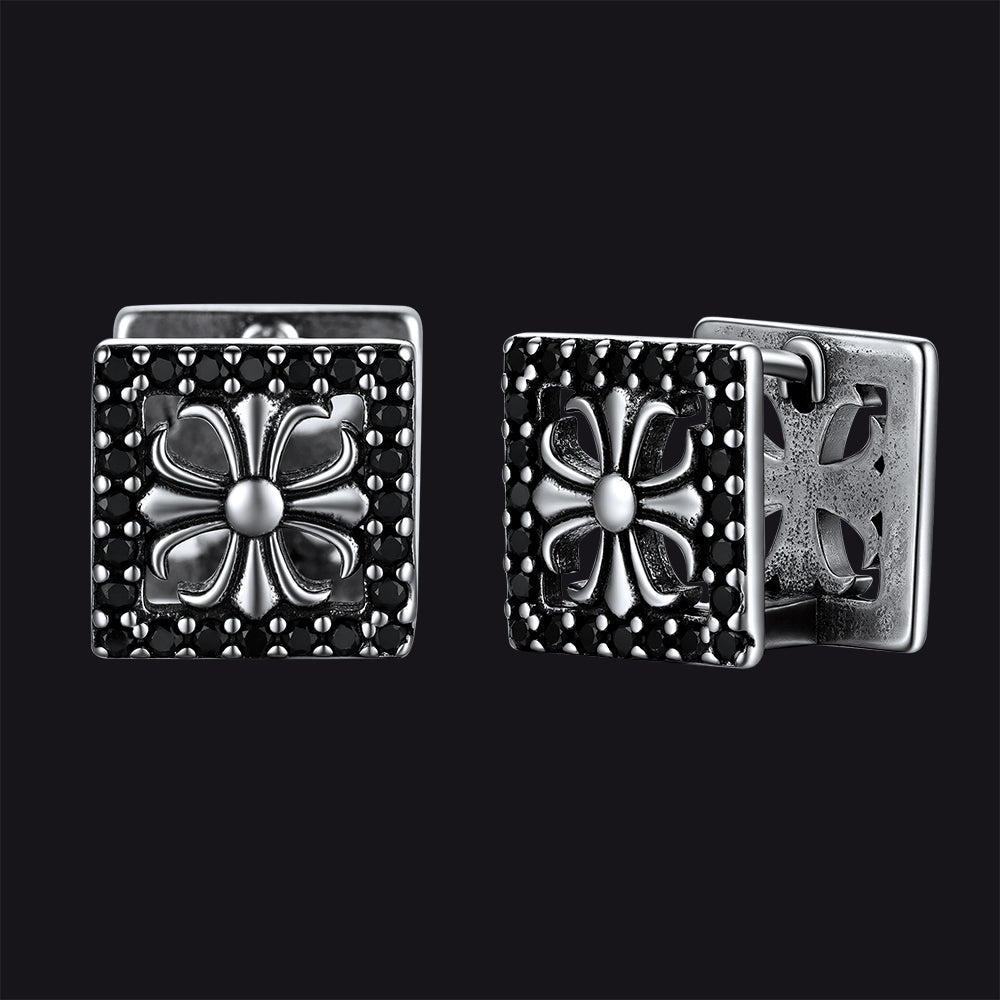 Gothic Square Earrings Punk Cross Studs with Black Zirconia 