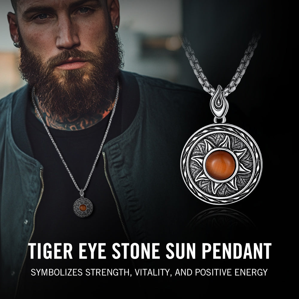 Gothic Tiger Eye Stone Sun Pendant Protection Necklace for Men