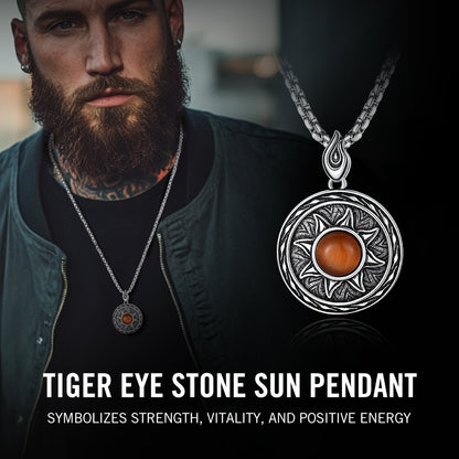 Gothic Tiger Eye Stone Sun Pendant Protection Necklace for Men