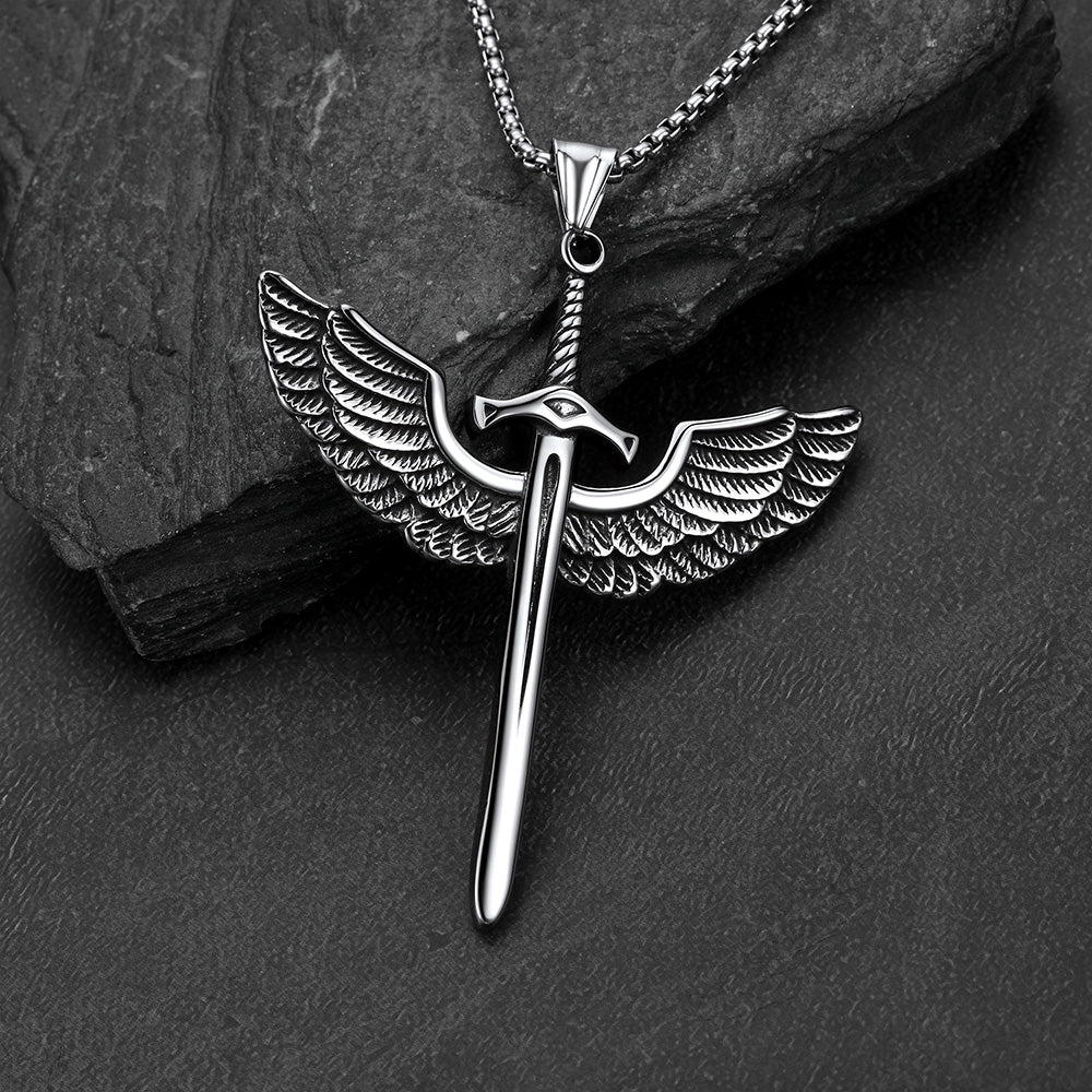 Gothic vintage amulet eagle wings sword necklace for men