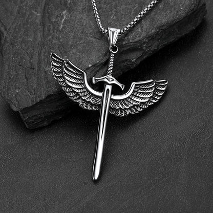 Gothic vintage amulet eagle wings sword necklace for men