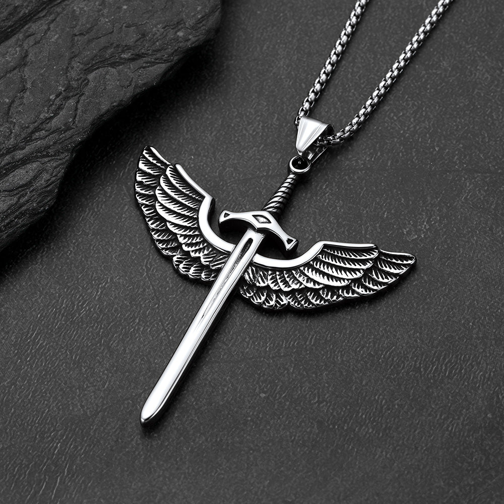 Gothic vintage amulet eagle wings sword necklace for men