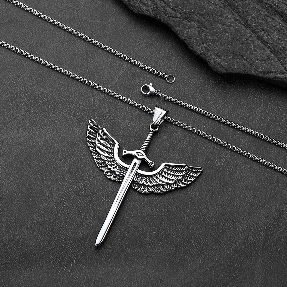 Gothic vintage amulet eagle wings sword necklace for men