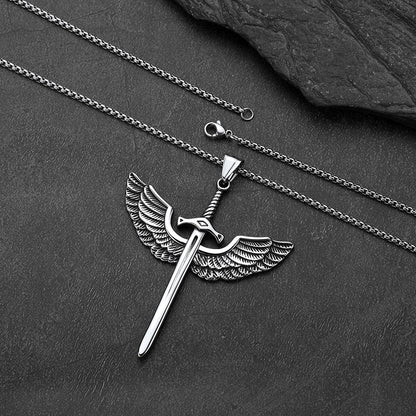 Gothic vintage amulet eagle wings sword necklace for men