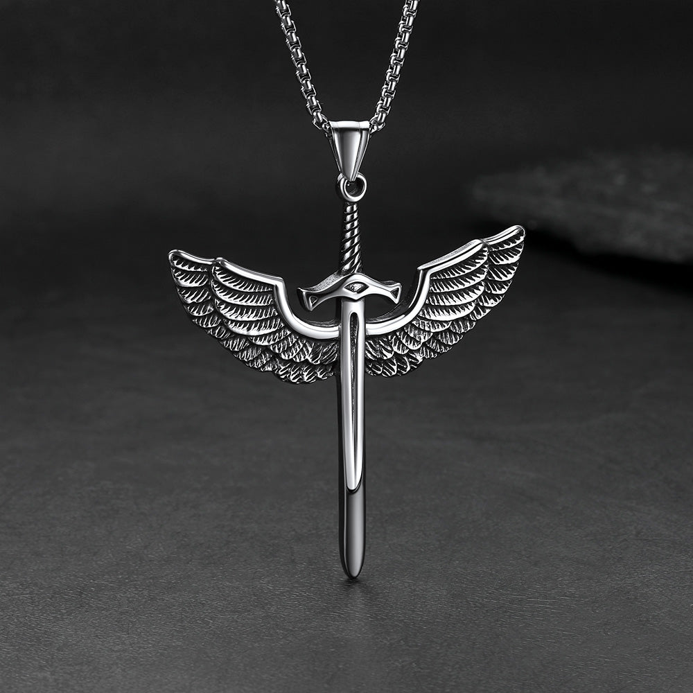 Gothic vintage amulet eagle wings sword necklace for men