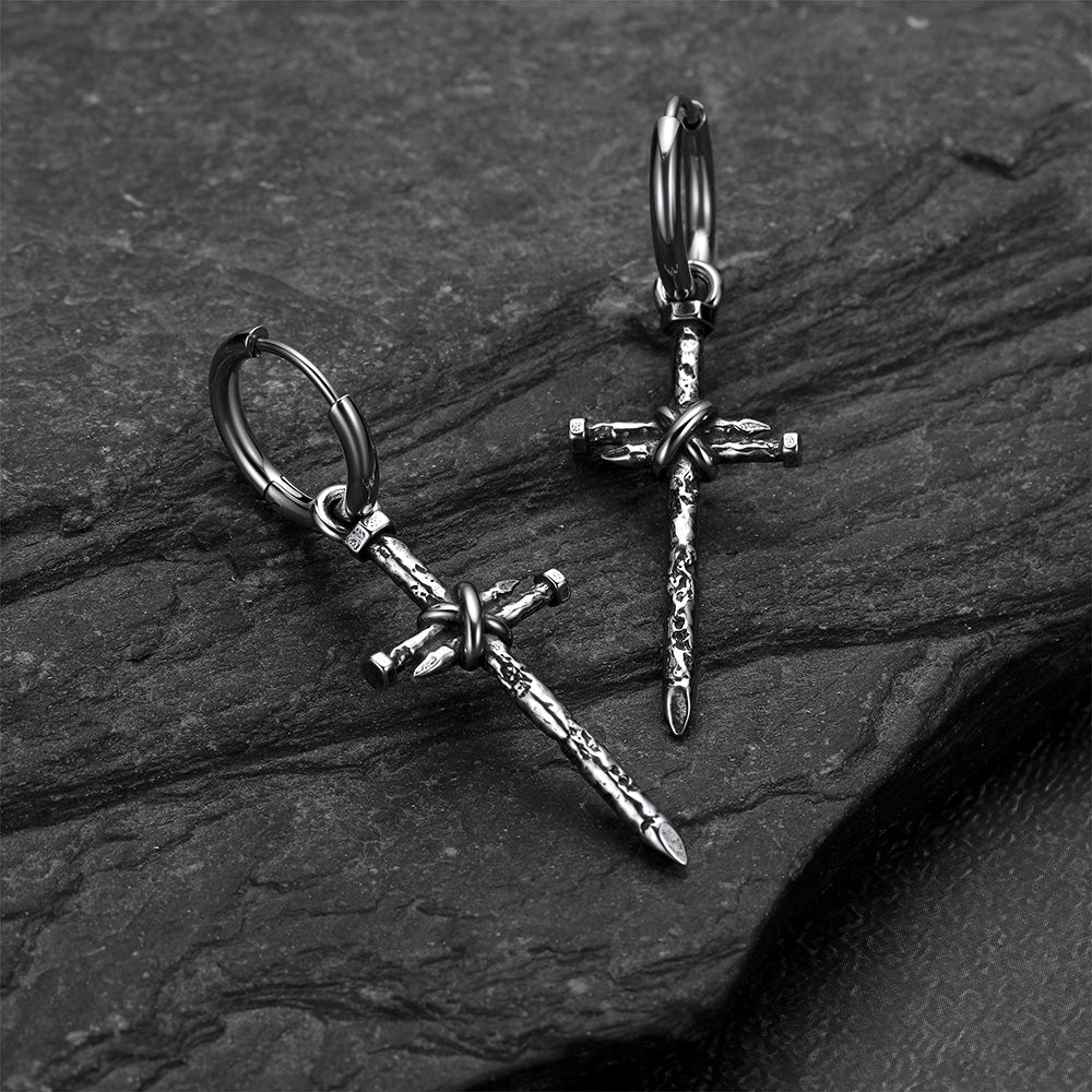 Gothic Vintage Nail Cross Drop Hoop Earrings for Men