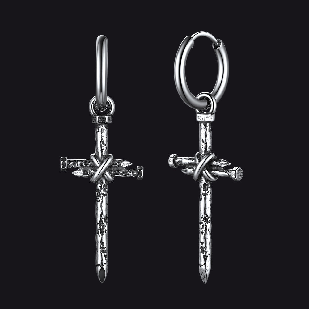 Gothic Vintage Nail Cross Drop Hoop Earrings for Men