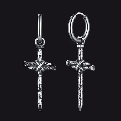 Gothic Vintage Nail Cross Drop Hoop Earrings for Men