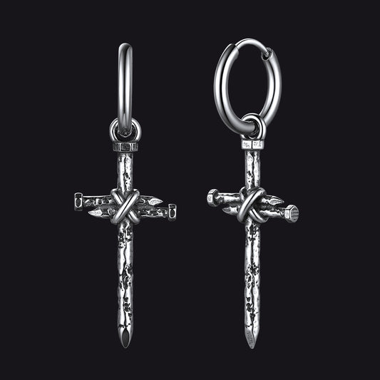 Gothic Vintage Nail Cross Drop Hoop Earrings for Menimg