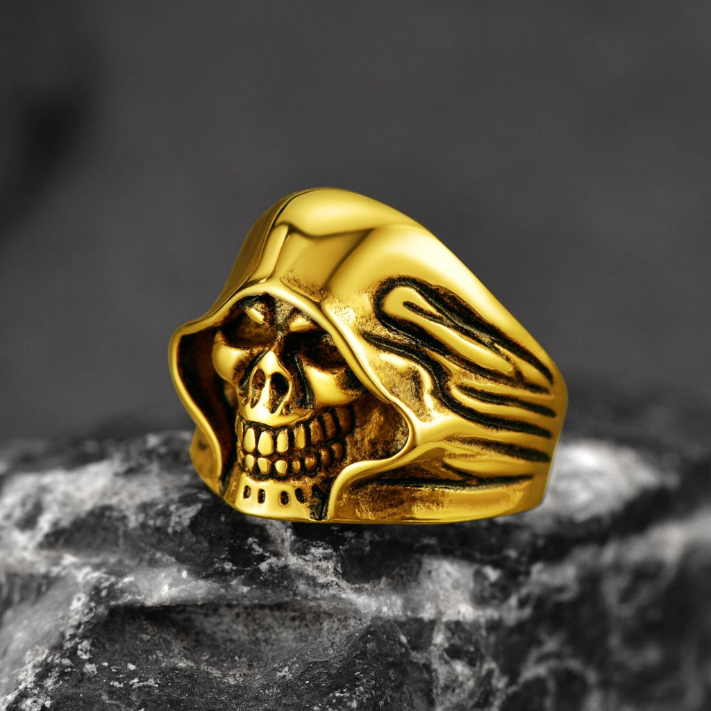 Oakky Men's Gold Teeth Skull Ring - 316L Stainless Steel Red Eyes Hip Hop Jewelry