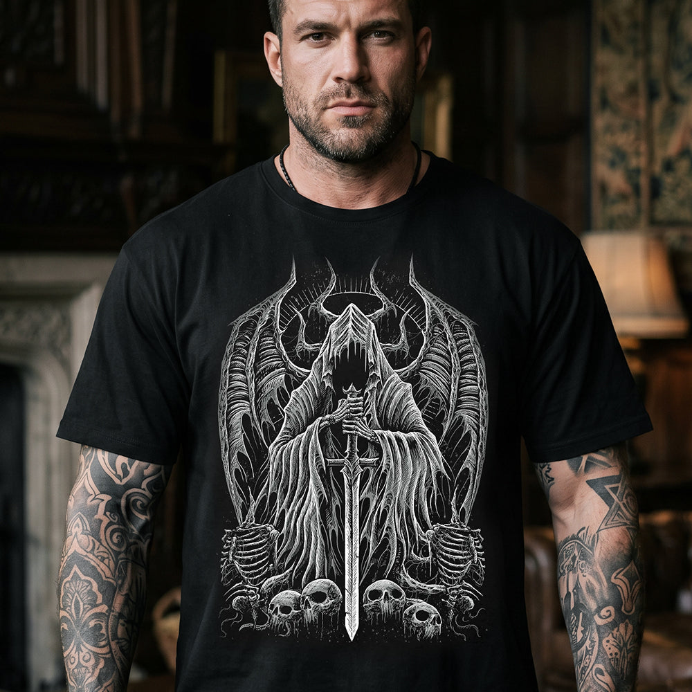 Close-up of Gothic graphic tee with grim reaper fallen angel sword and devil horn design