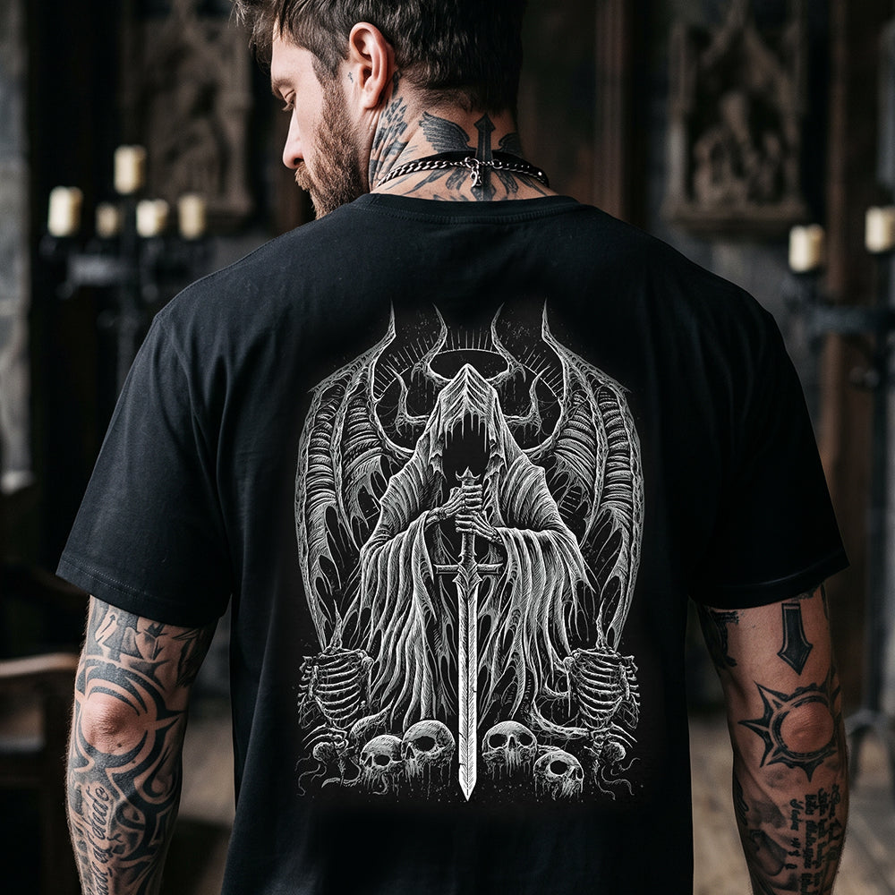 Close-up of Gothic graphic tee with grim reaper fallen angel sword and devil horn design
