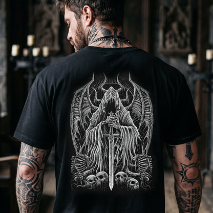 Close-up of Gothic graphic tee with grim reaper fallen angel sword and devil horn design