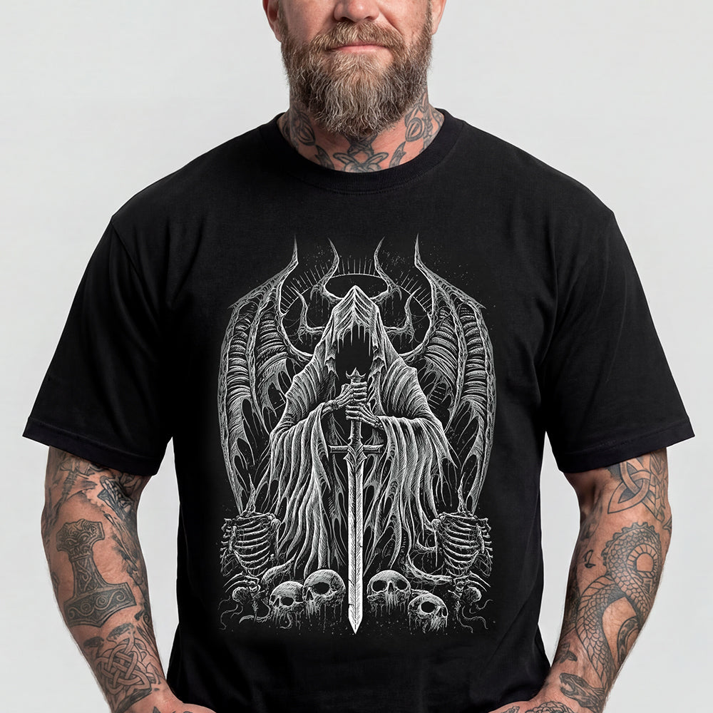  Man wearing Gothic graphic tee with grim reaper fallen angel sword and devil horn design