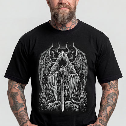 Man wearing Gothic graphic tee with grim reaper fallen angel sword and devil horn design