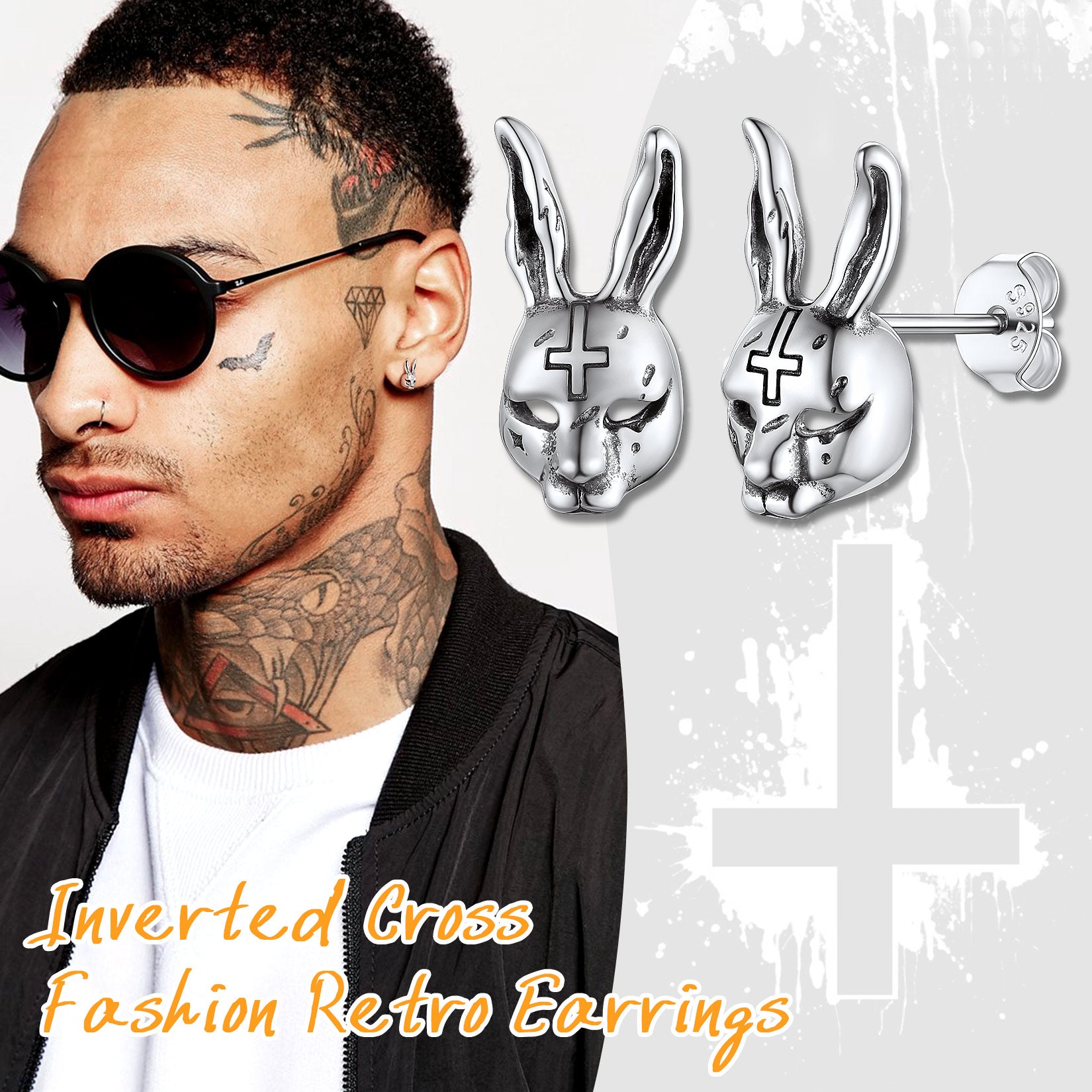 Halloween Silver Evil Bunny Stud Earrings For Men