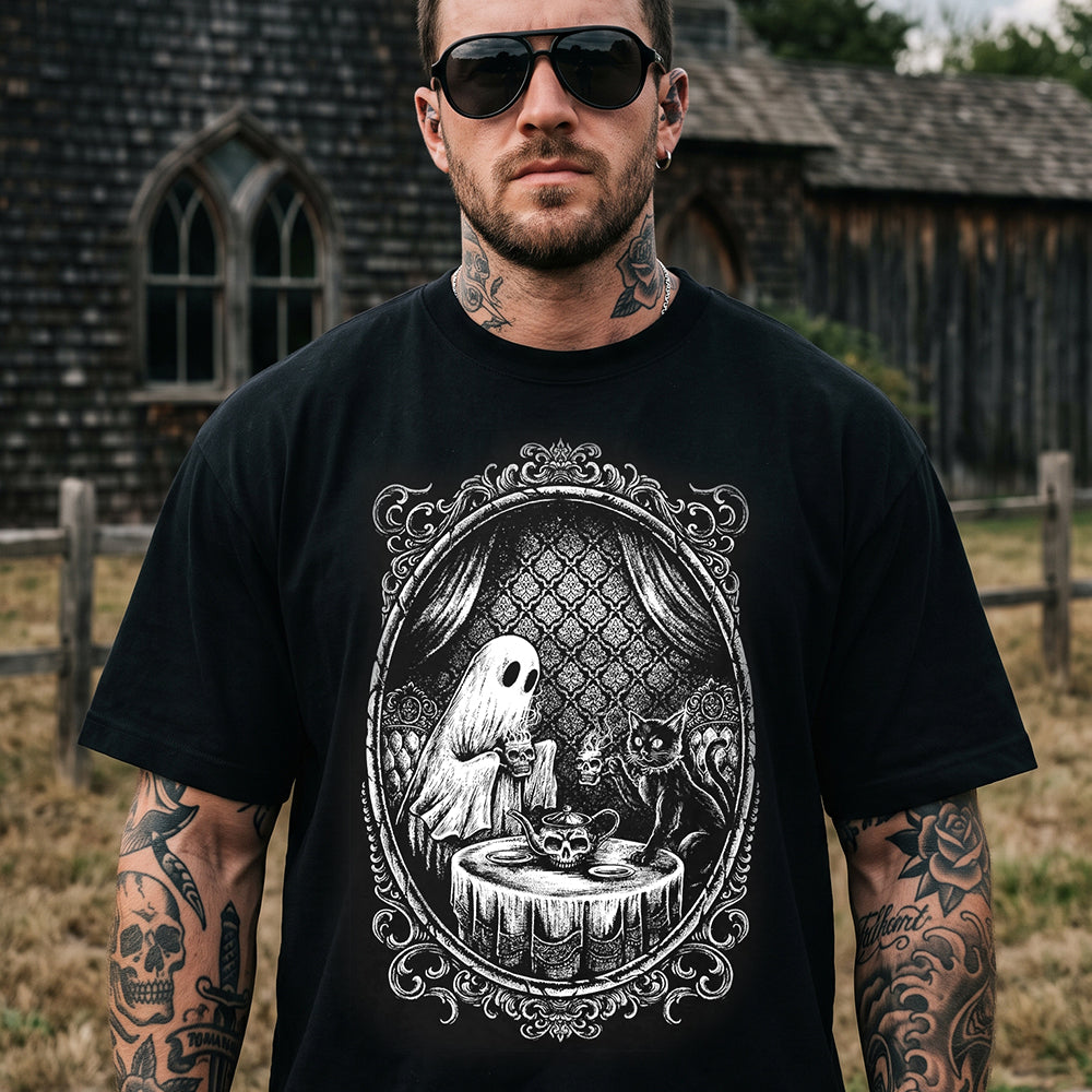 Man wearing Halloween skull spooky cute ghost Gothic black cat tea party graphic tee