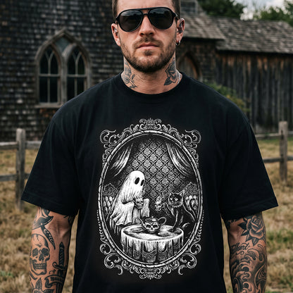 Man wearing Halloween skull spooky cute ghost Gothic black cat tea party graphic tee
