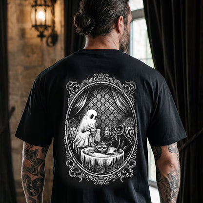 Man wearing Halloween skull spooky cute ghost Gothic black cat tea party graphic tee
