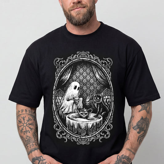 A man wearing a Halloween skull spooky cute ghost Gothic black tee.img