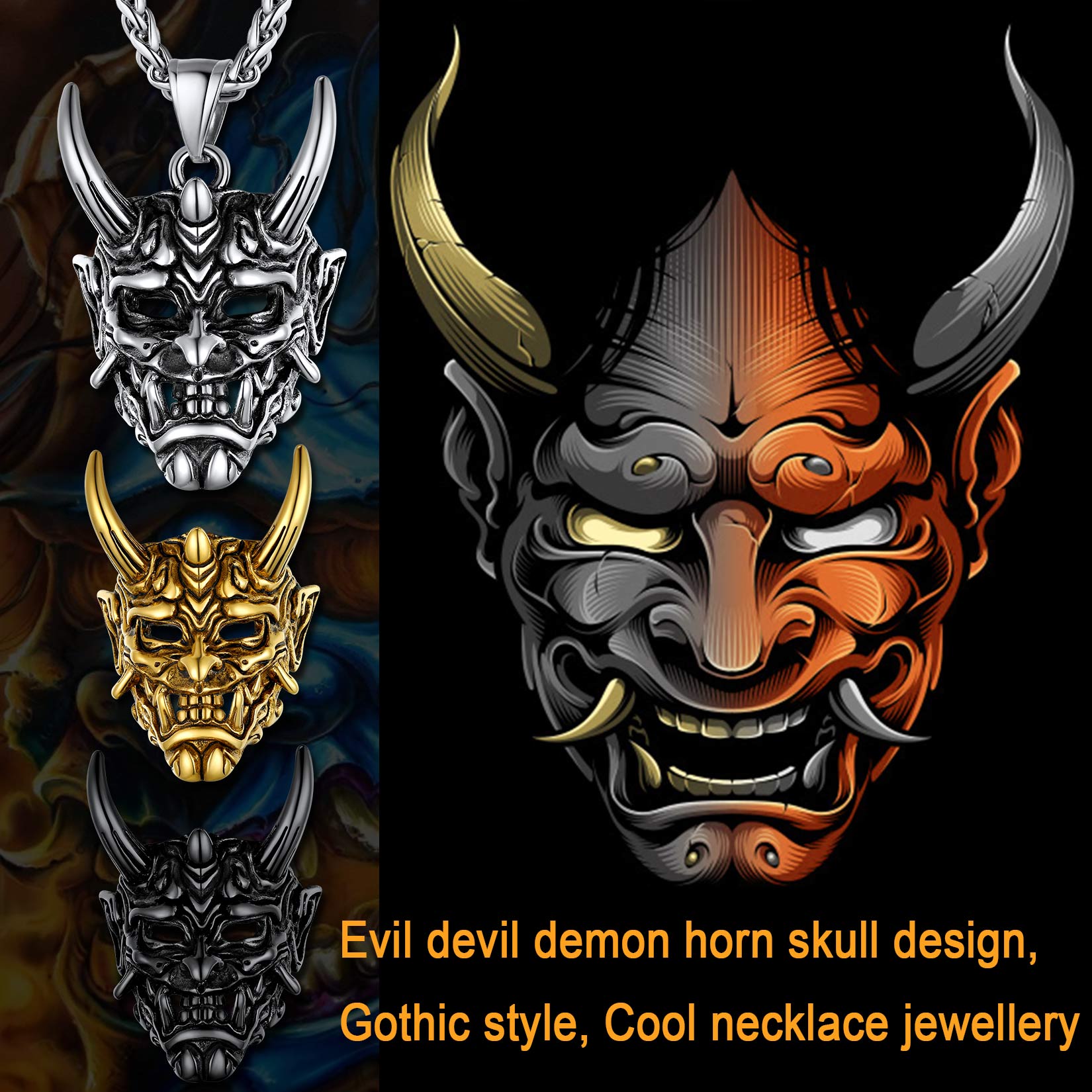 Gothic Punk Hannya Damon Mask Pendant Necklace for Men