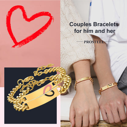 Custom Engraving Heart Couple Link Bracelet for Men Women