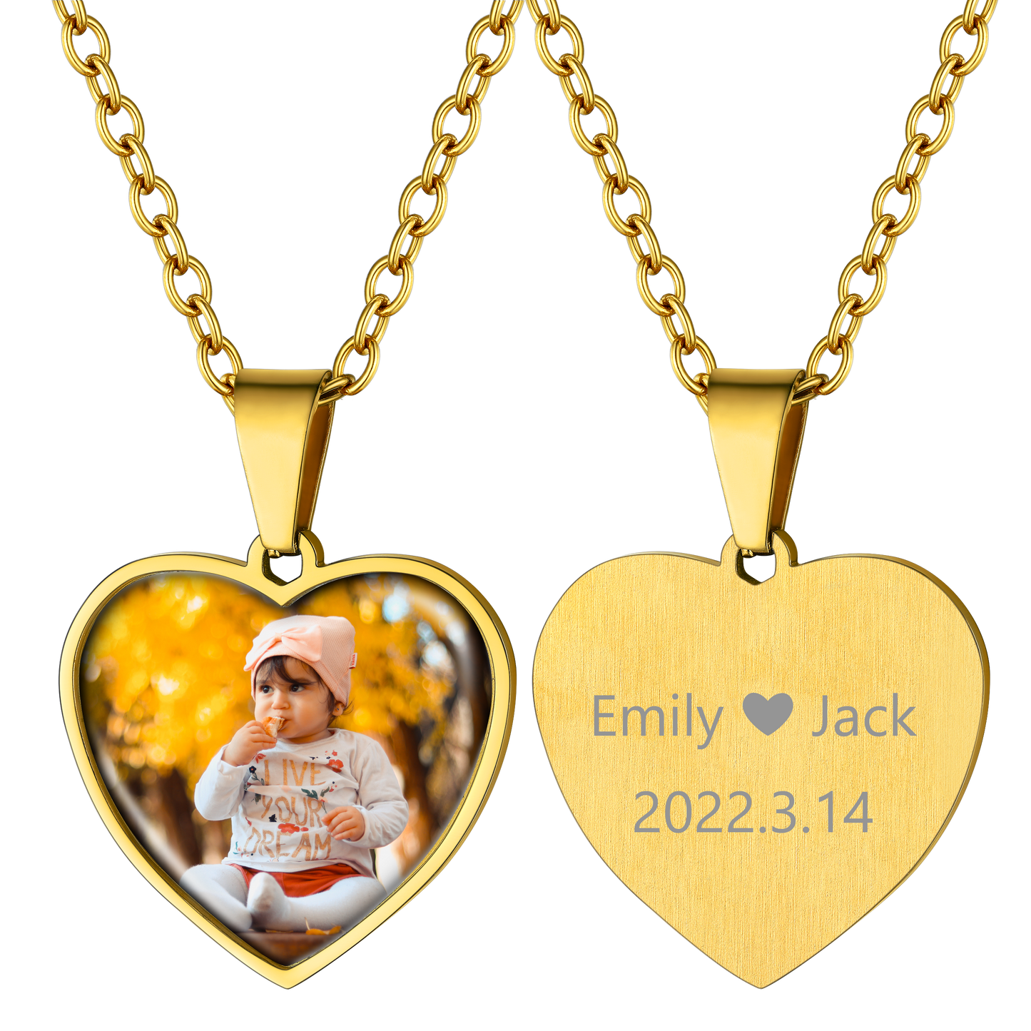 Custom Heart Photo Necklace with engraved name and date, memorial gift
