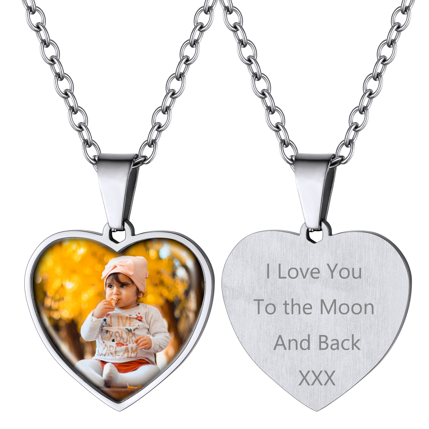 Customized Heart Photo Necklace, engraved with love message.