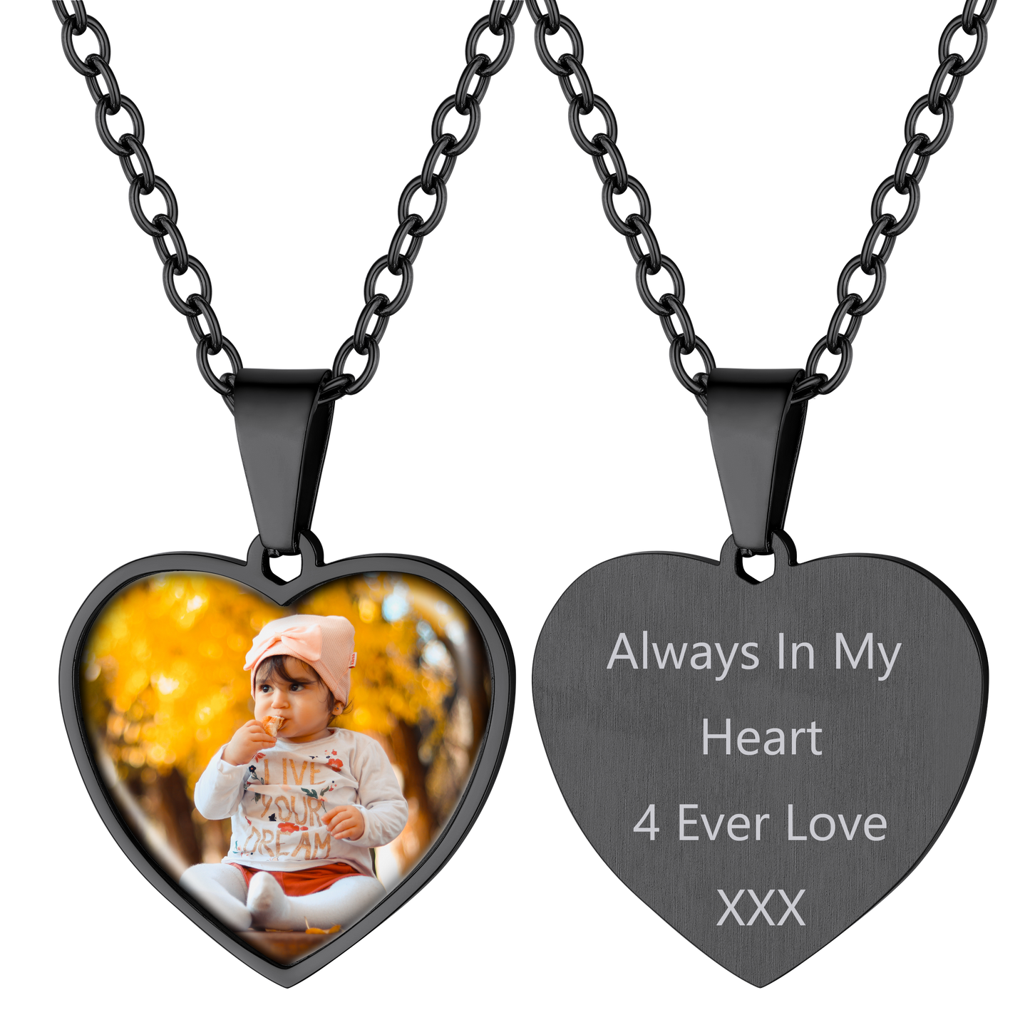 Heart photo necklace with custom engraving