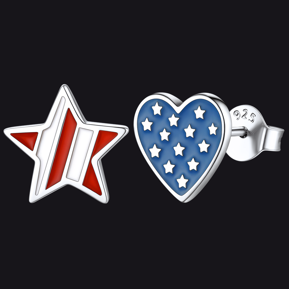4th of July Heart Star Earrings American Flag Studs for Men