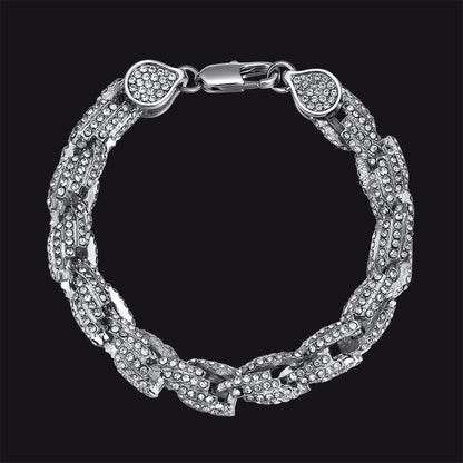 A silver-toned multi-strand chain bracelet paved with clear rhinestones, featuring a lobster clasp and heart-shaped end caps, shown against a solid black background.