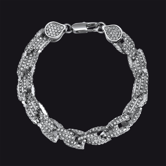 A silver-toned multi-strand chain bracelet paved with clear rhinestones, featuring a lobster clasp and heart-shaped end caps, shown against a solid black background.img