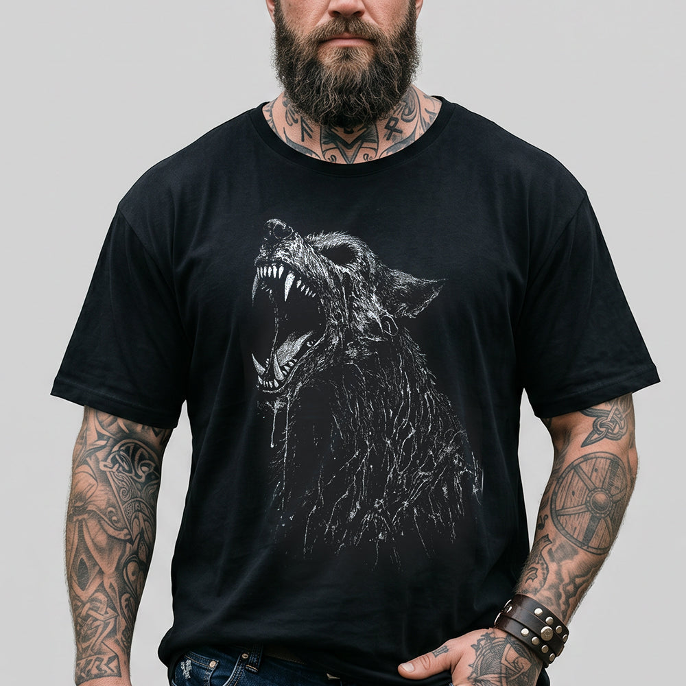 Vegvisir Viking Compass Berserk Wolf Graphic Heavyweight Cotton T-Shirt for Men  