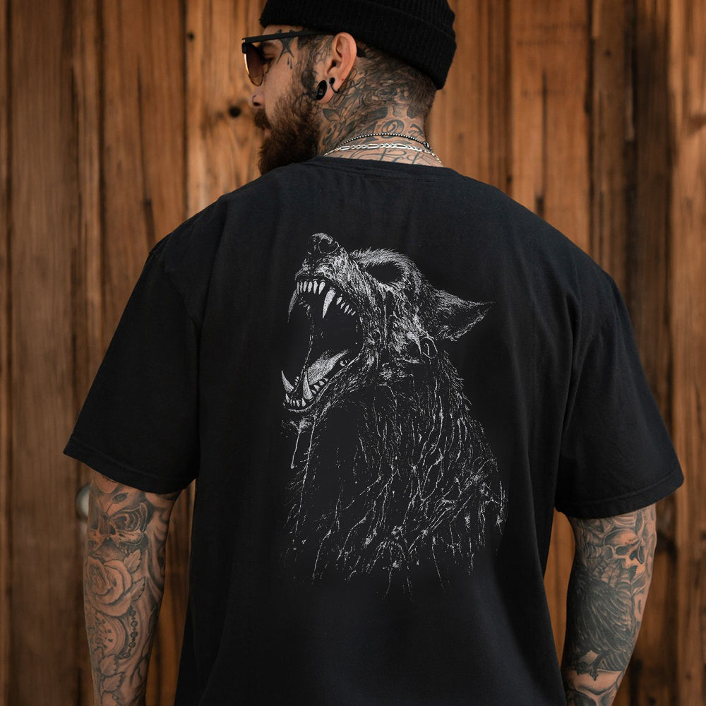 Howling Berserk Wolf Vintage Graphic T-Shirt Black Tee back side for Men Father