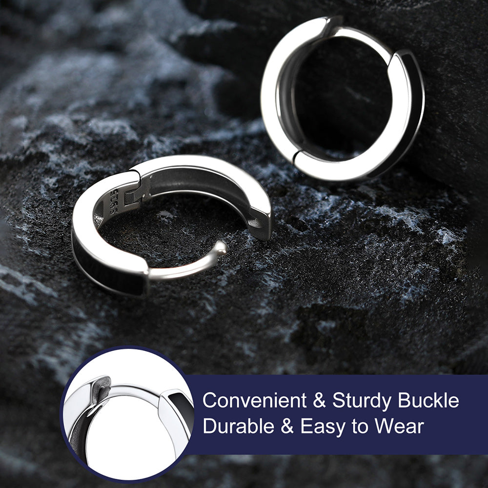 Two silver hoop earrings on a dark textured surface with text about their features.