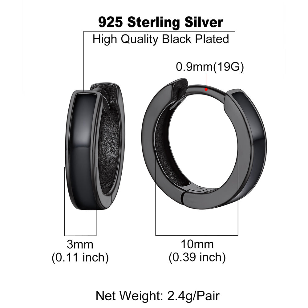 Black hoop earrings with specifications on a white background