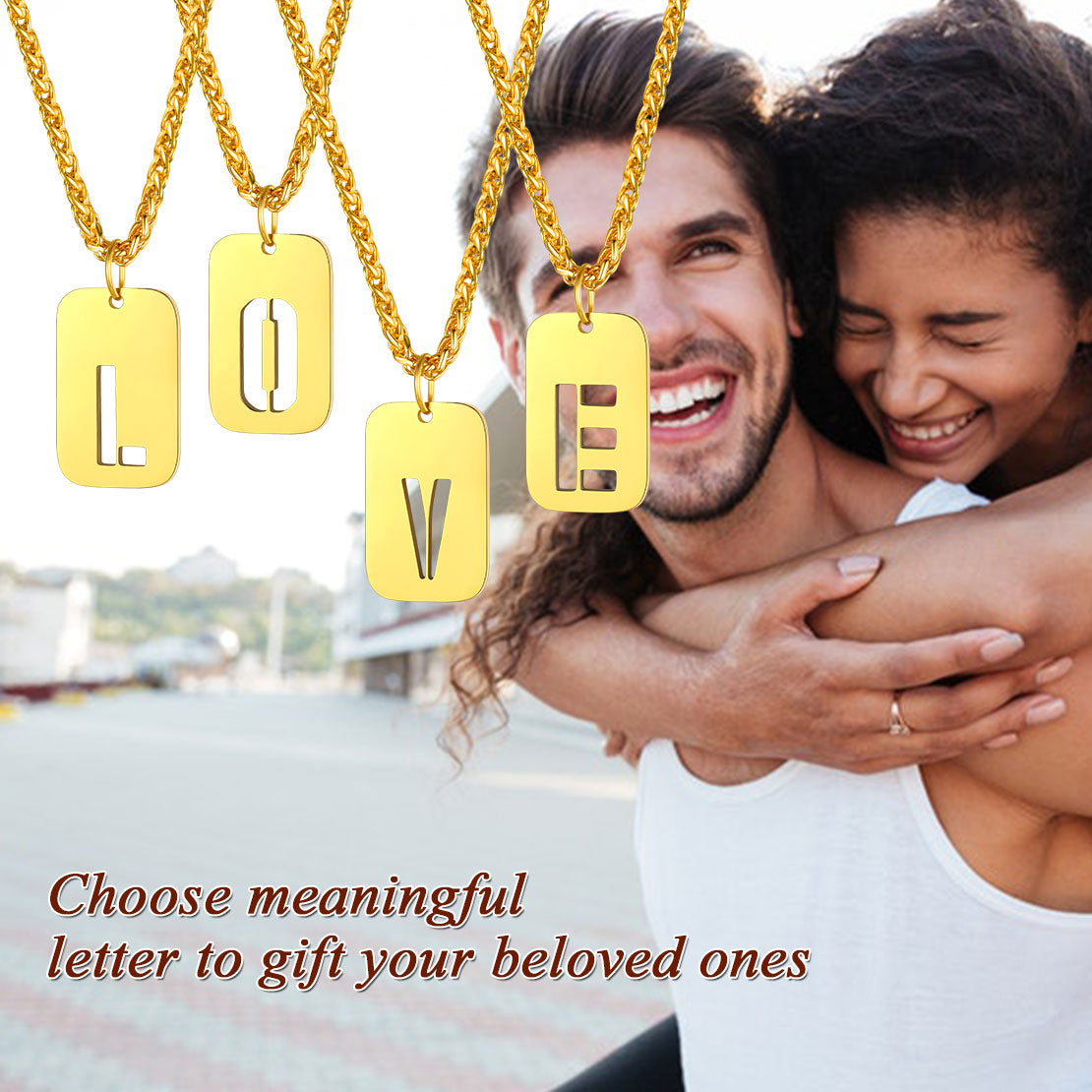 Gold personalized initial dog tag necklaces with the word LOVE, gift for beloved ones.