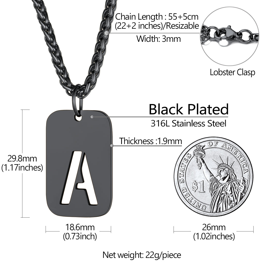 Black plated initial dog tag pendant necklace dimensions, 316L stainless steel